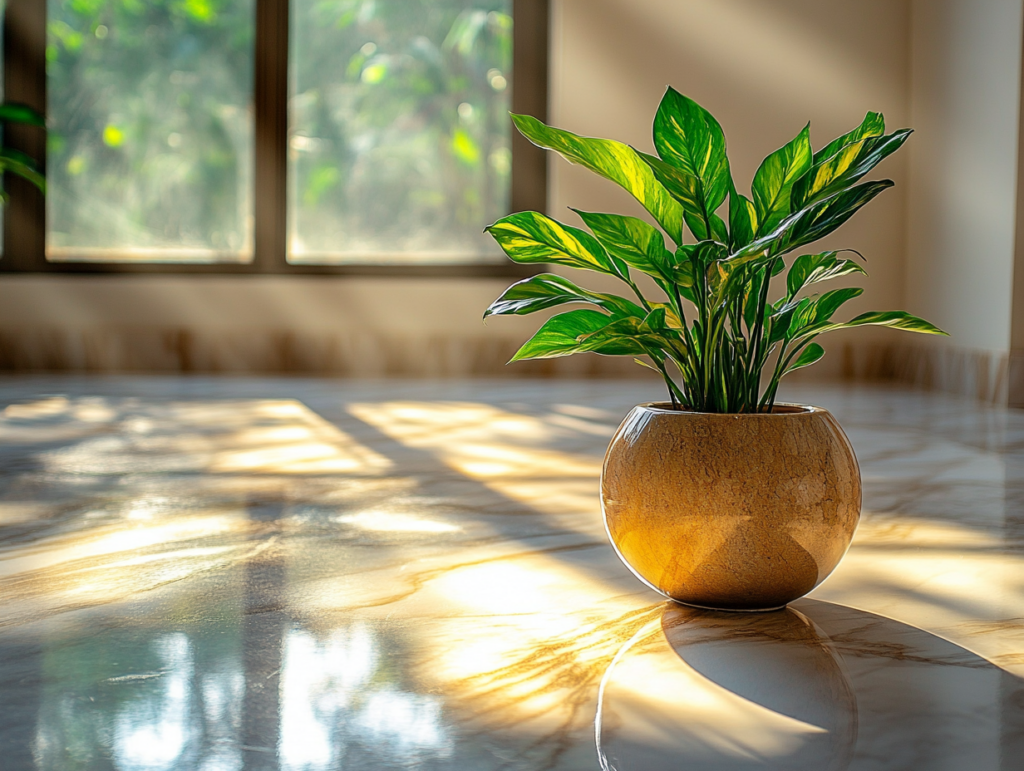 sol en marbre dans un intérieur moderne, focus sur le sol, plante au premier plan